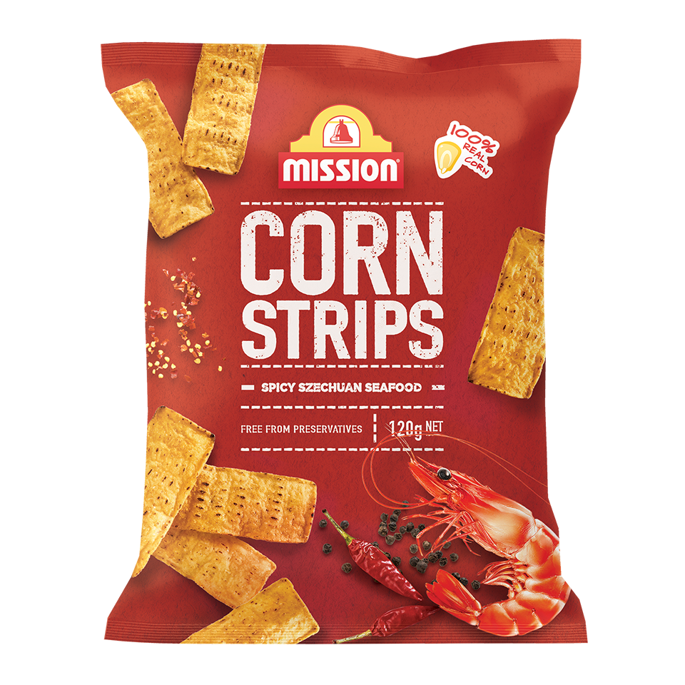 Mission Spicy 
Szechuan Seafood Flavoured 
Corn Strips 120g