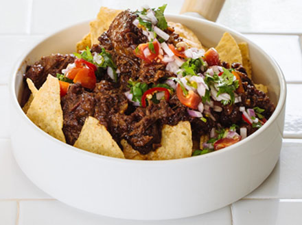Corn Chips with Braised Oxtail with Coriander Salsa